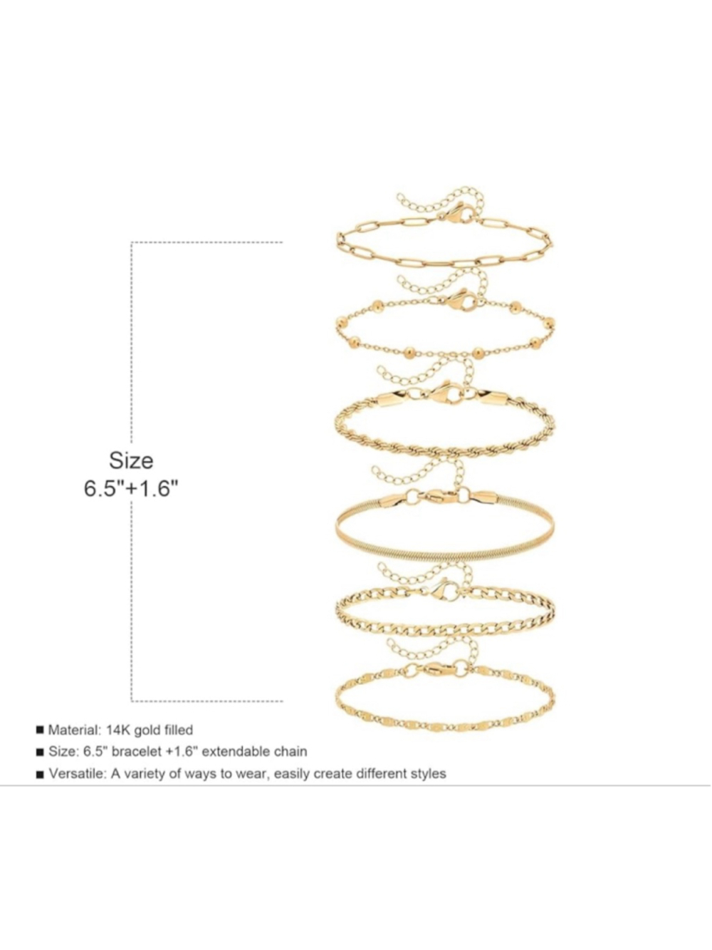Women 14K Gold Plated Bracelets 6PCS Set Dainty Stackable - Picture 4 of 9